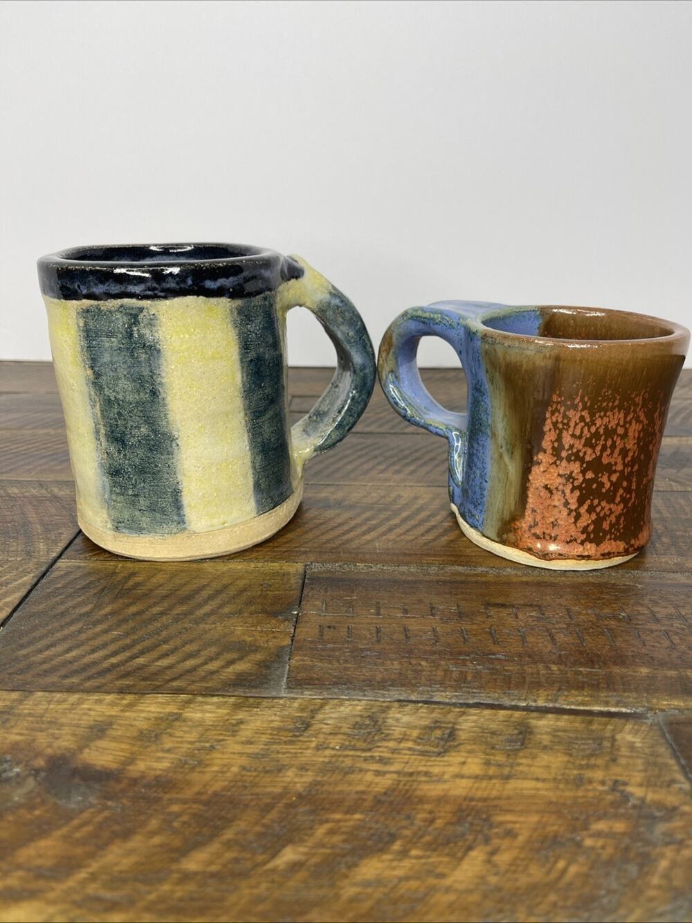 2 Handmade Studio Art Pottery Mugs, blues/greens/tans, signed HJ Heavy